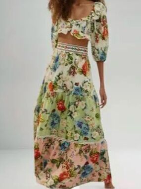 FARM Rio Floral Tiered 2 piece Maxi skirt and top in Pink, Green, White, Blue